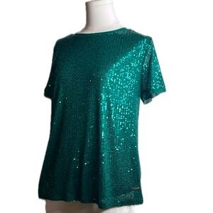 Anne Klein Shimmering Teal Sequin Banded Crew Neck Short Sleeve‎ Tee T-Shirt Top